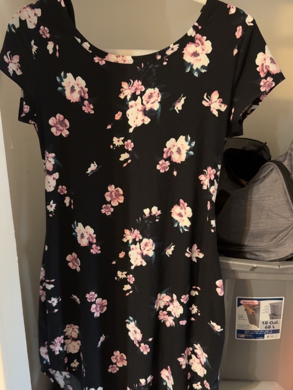 Black Floral Short Sleeve Dress with Pink Blooms